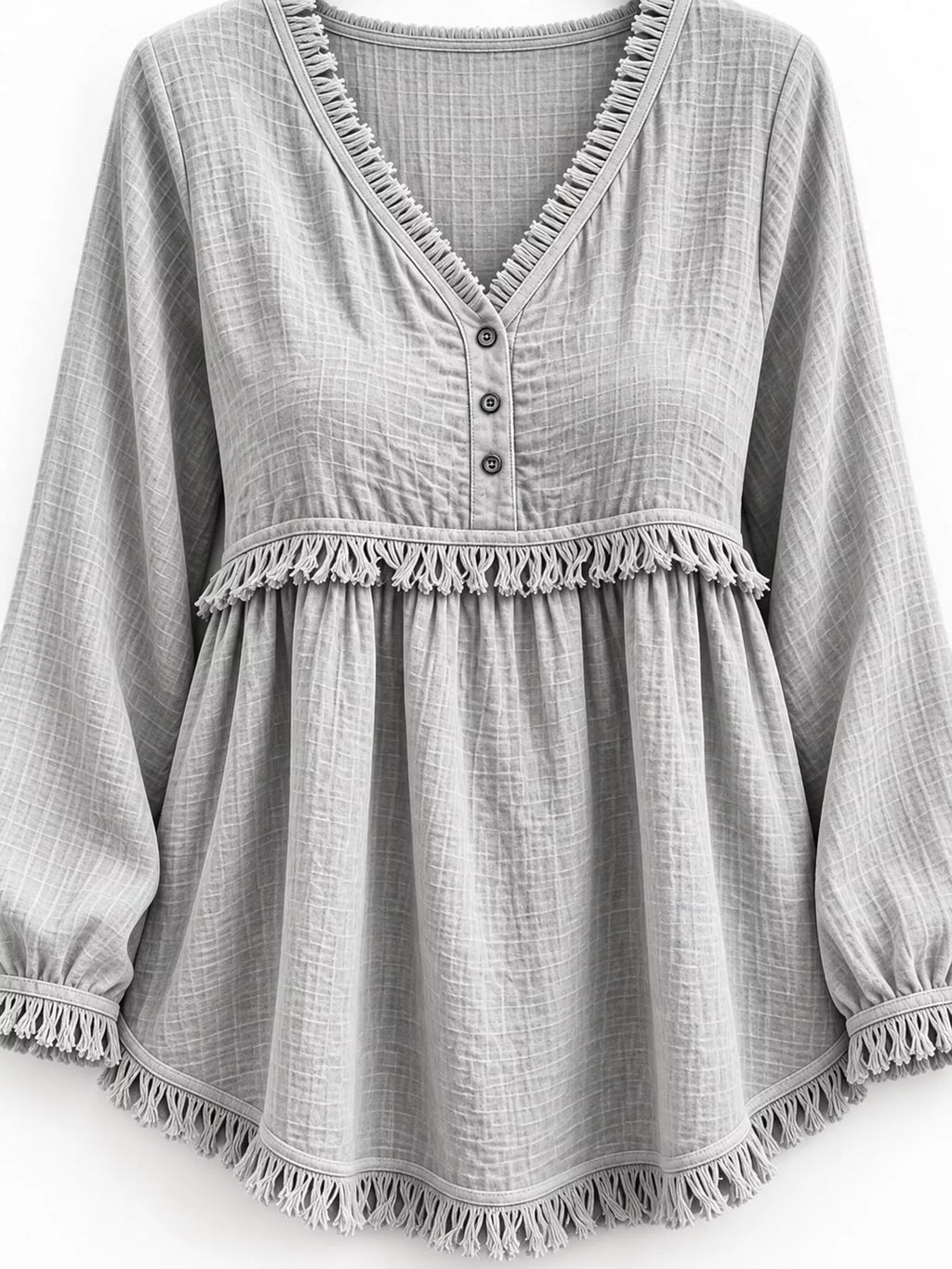 Full Size Fringed Trim V-Neck Long Sleeve Blouse Plus Size