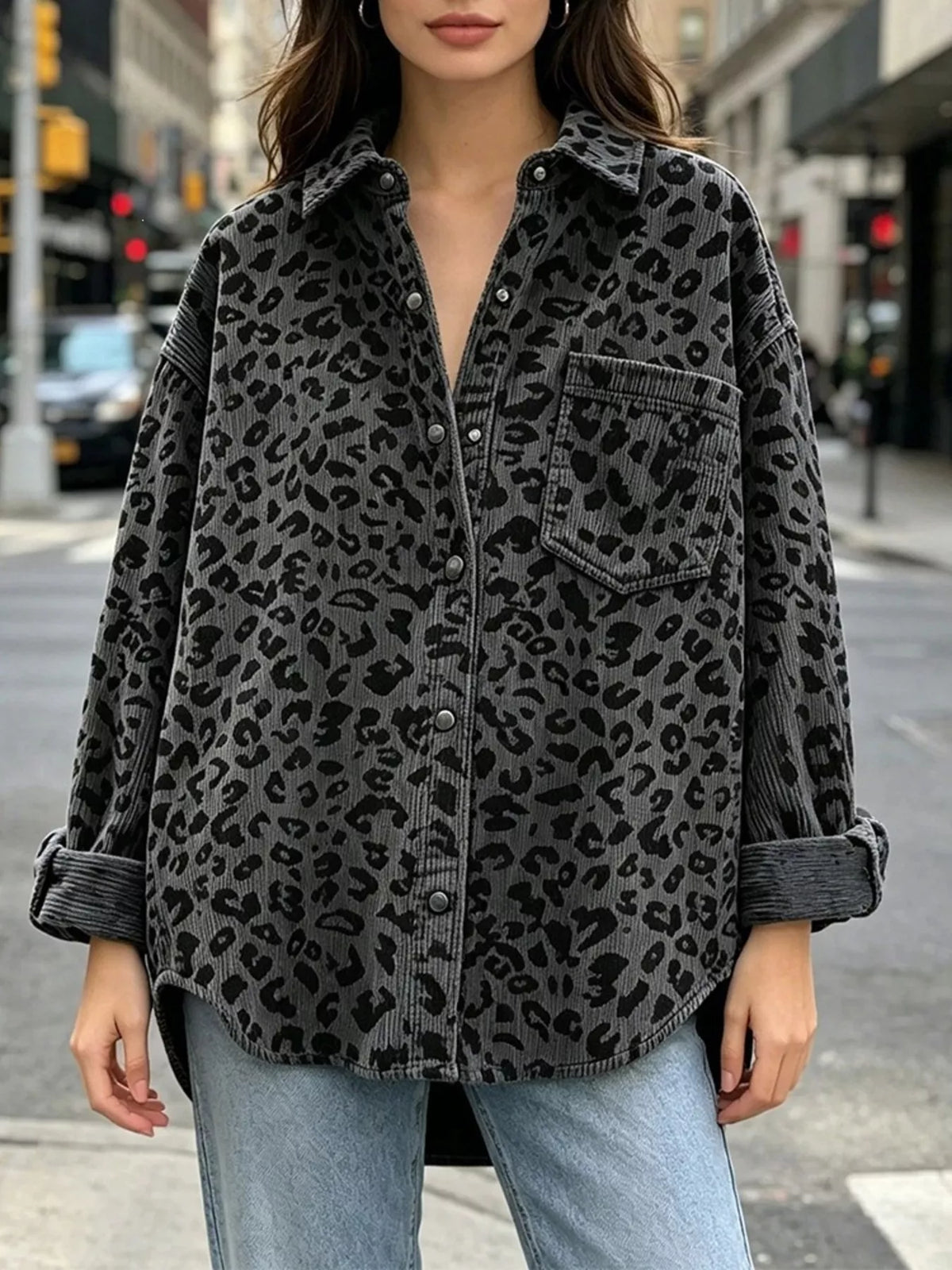 Oversized Leopard Corduroy Button-Down Shirt