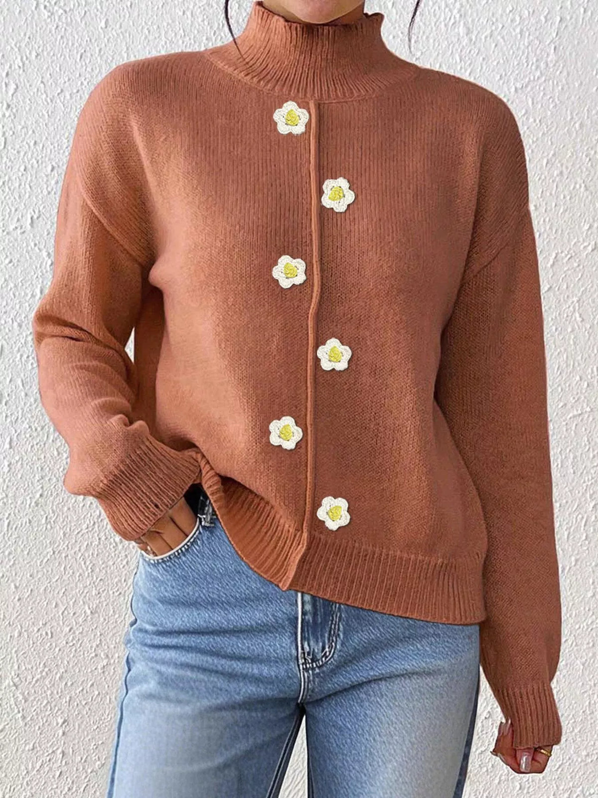 Floral Applique Turtleneck Sweater
