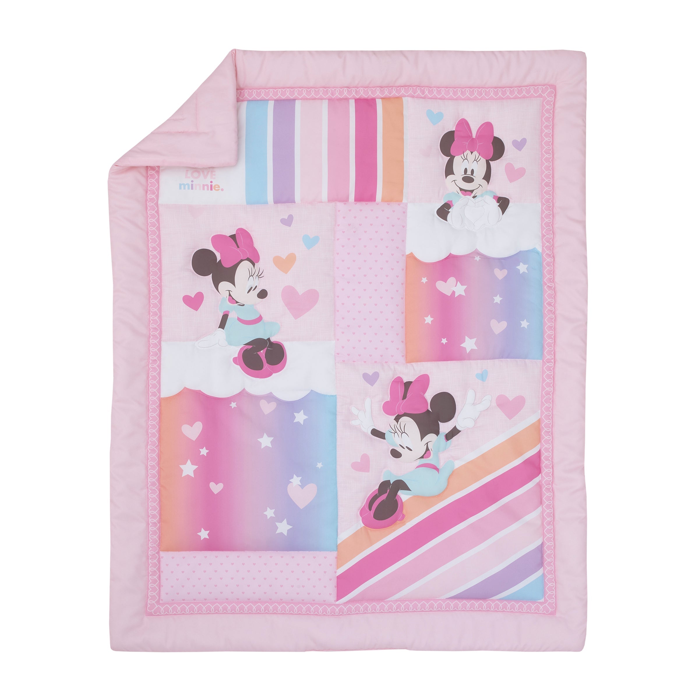 Disney Minnie Mouse Be Happy Pink Rainbow, Stars, and Clouds 3 Piece Nursery Mini Crib Bedding Set - Comforter and Two Fitted Mini Crib Sheets