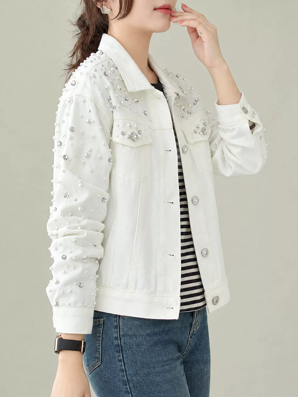 Pearl Detail Button Up Denim Jacket