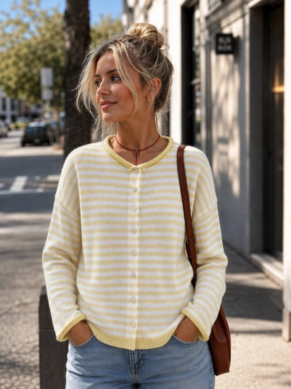 Striped Button-Down Knit Cardigan