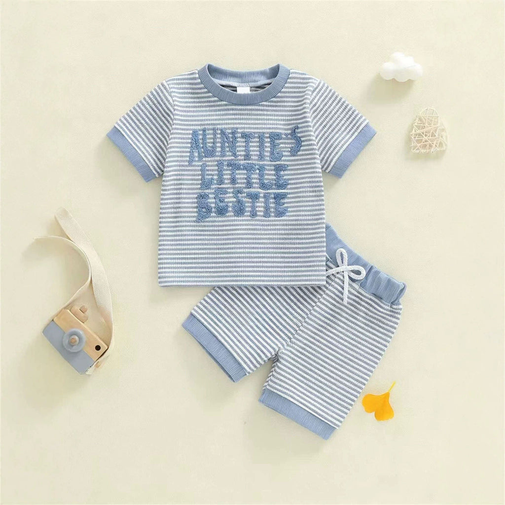 Casual Striped Waffle-knit Letter-embroidered Short-sleeve Top And Shorts