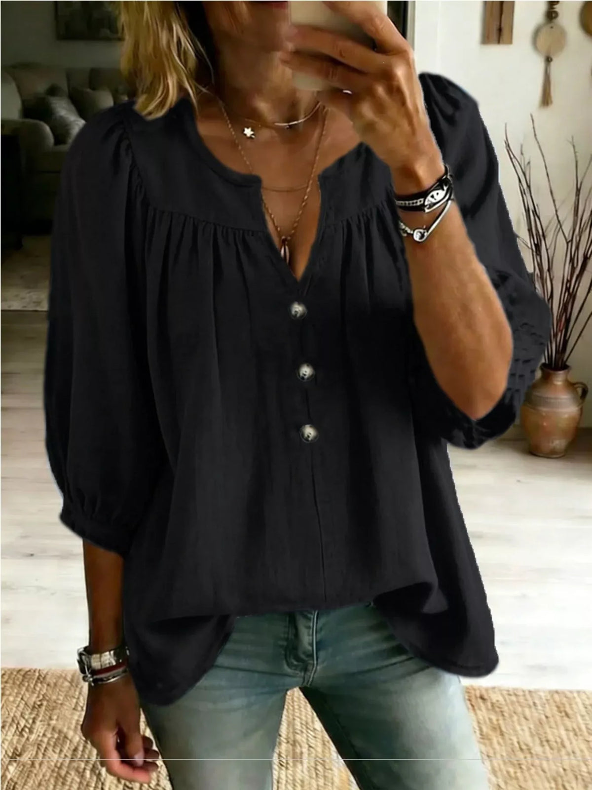 Full Size Notched 3/4 Sleeve Blouse Plus Size