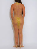 Rhinestone Embellished Mesh Dress with Back Slit