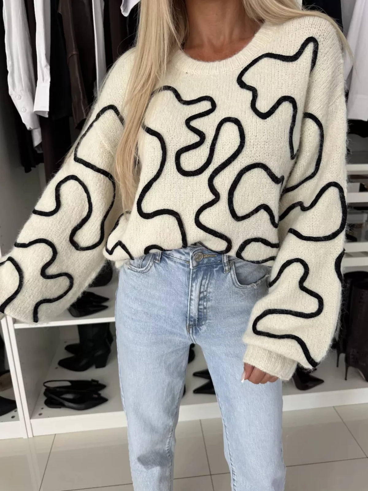 Abstract Pattern Oversized Round Neck Sweater