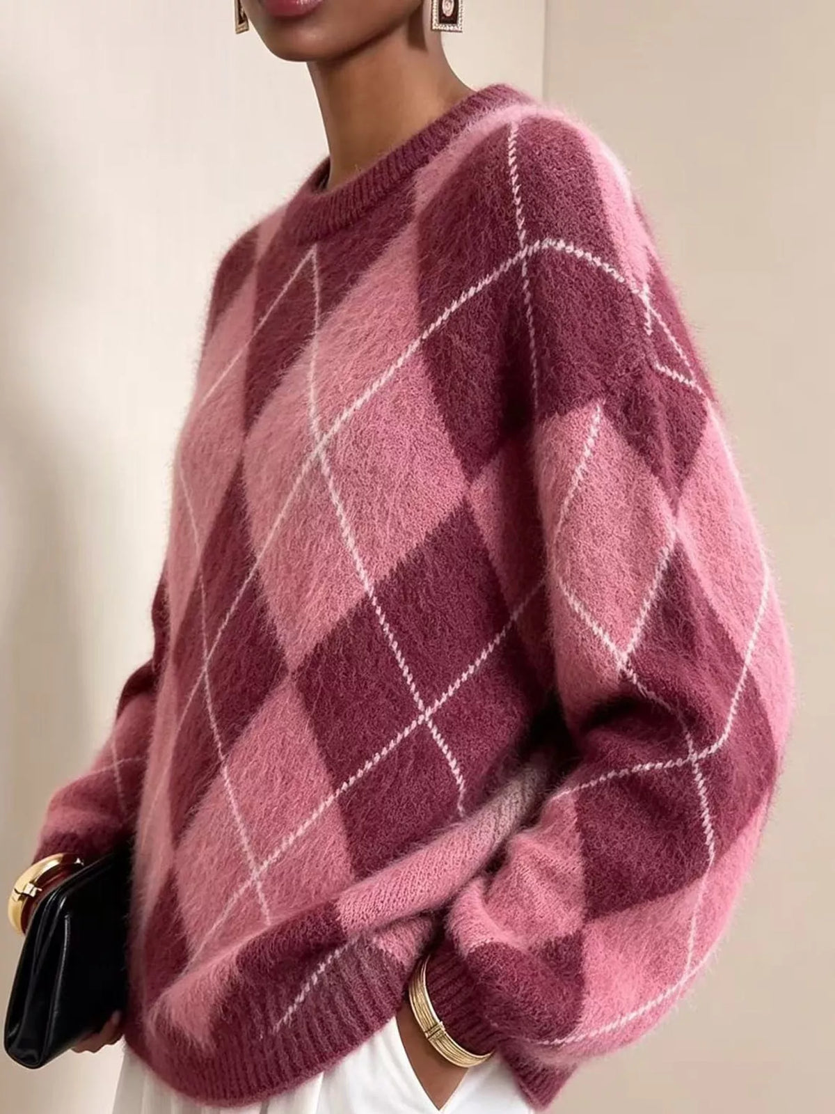 Argyle Pattern Fuzzy Knit Sweater