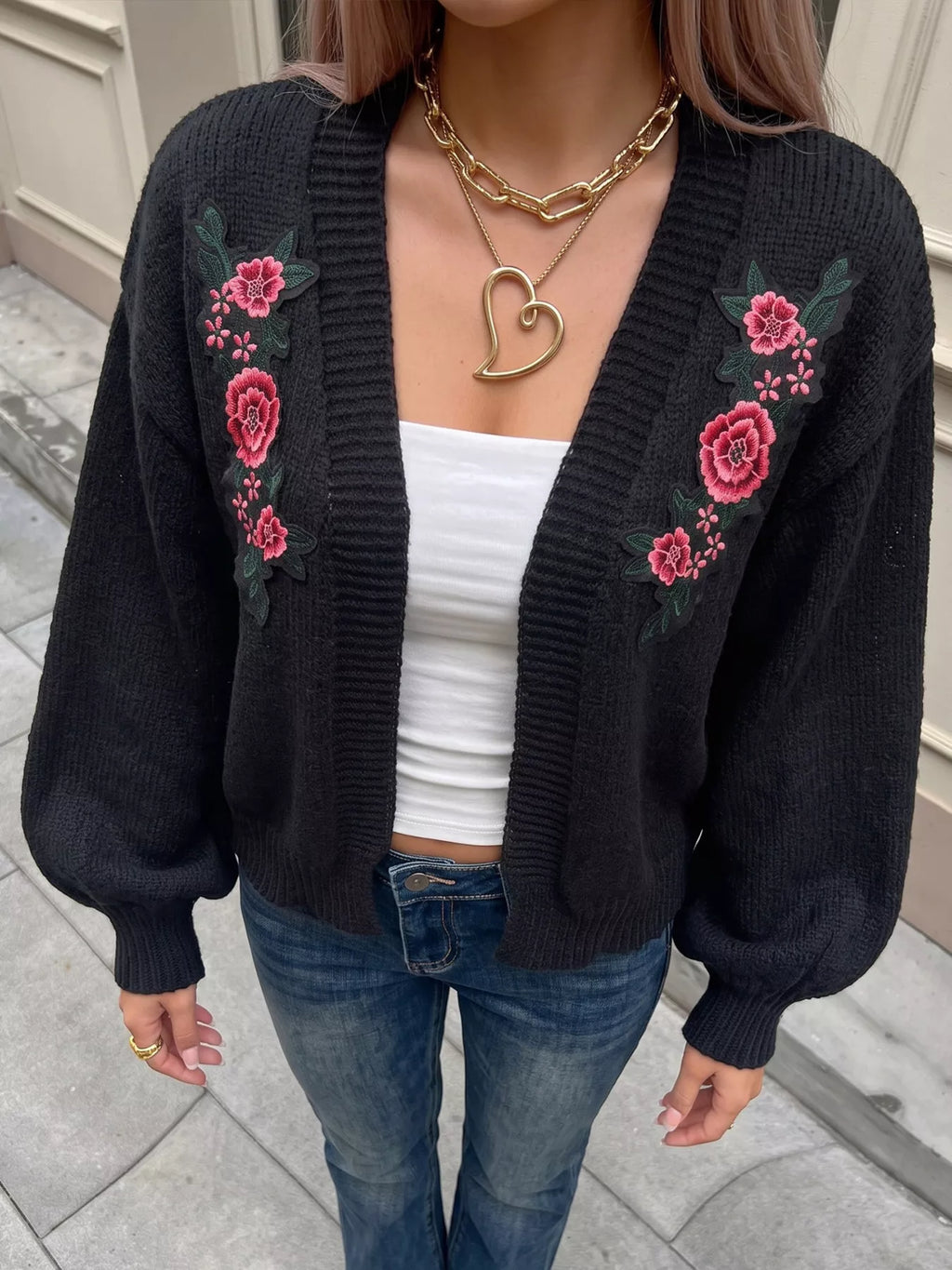 Floral Embroidered Applique Knit Cardigan