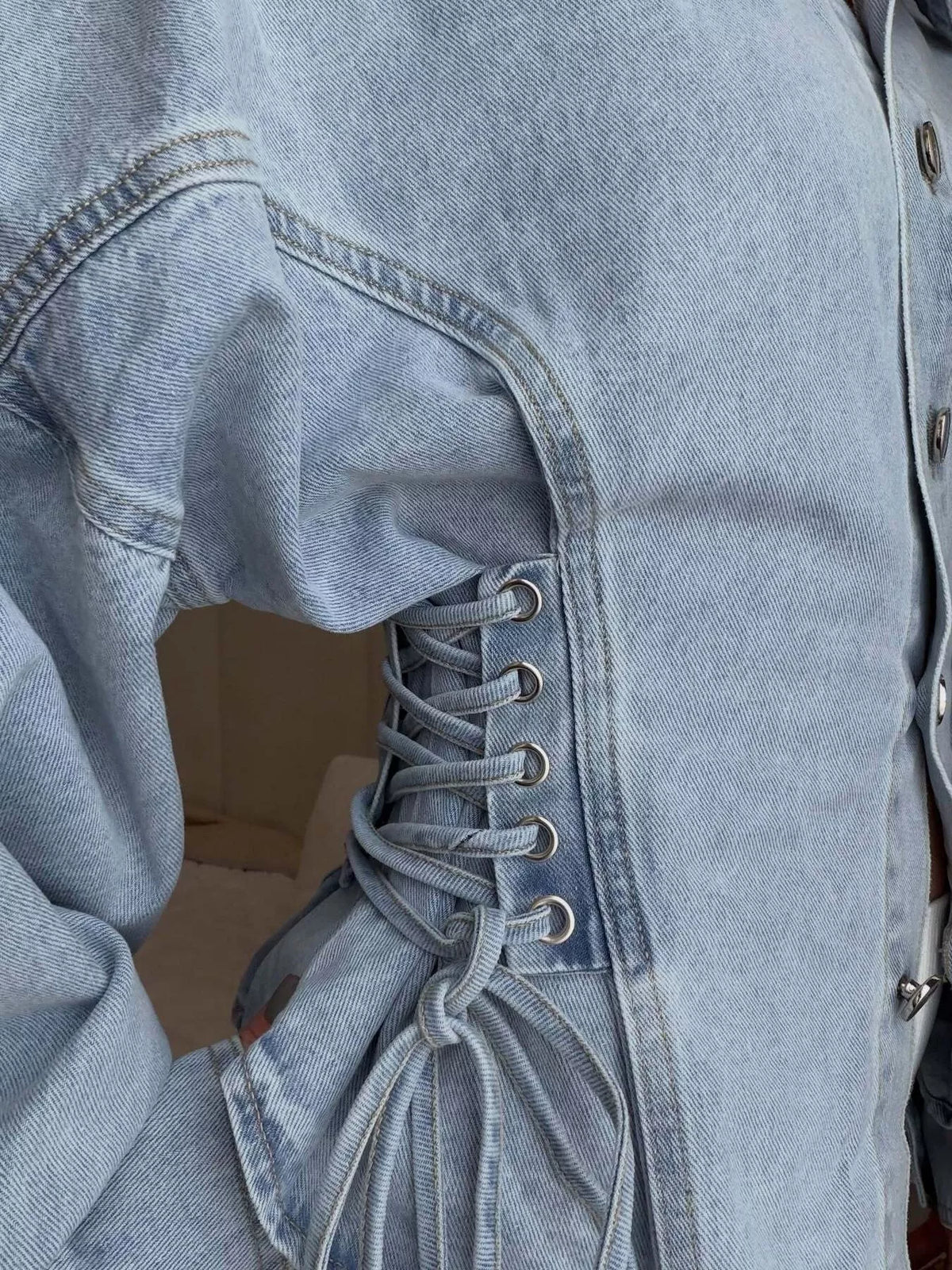 Button Down Lace-Up Side Denim Jacket