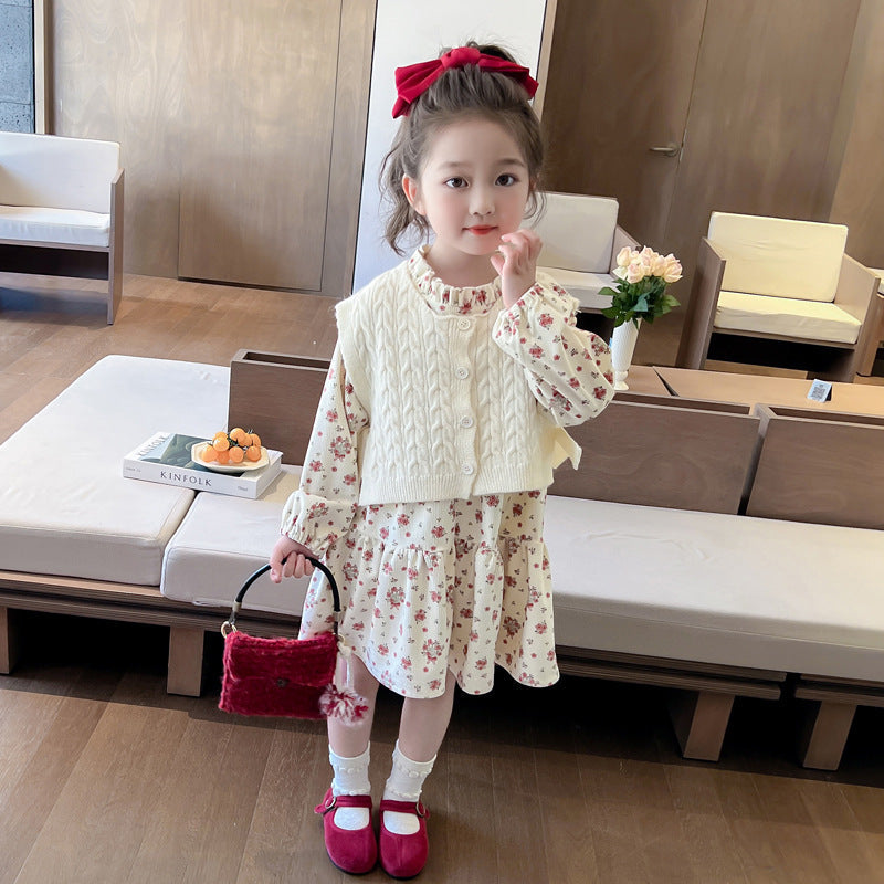 Girls Floral-print Dress And Vest Two-piece Set