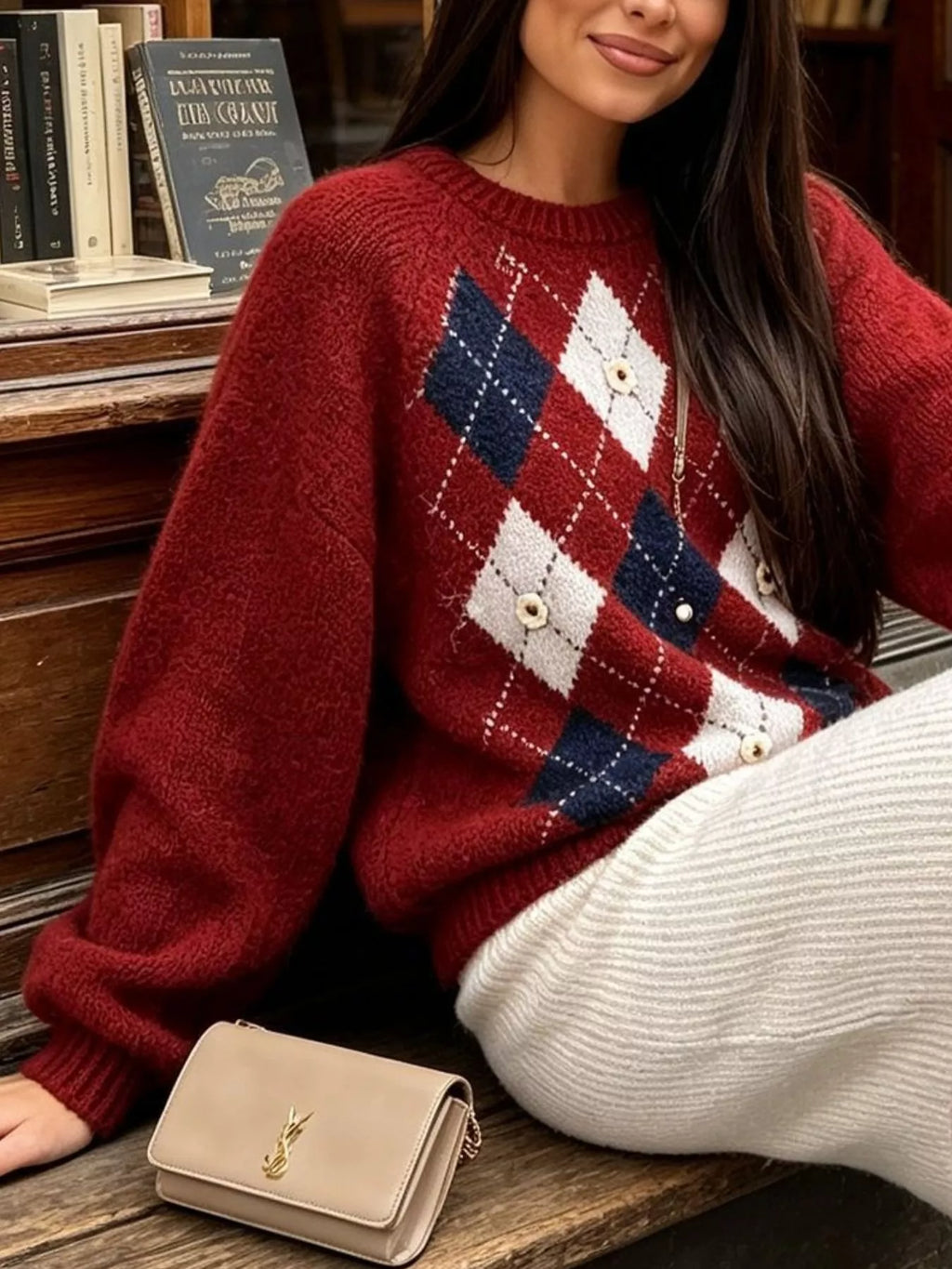 Argyle Pattern Raglan Sleeve Sweater