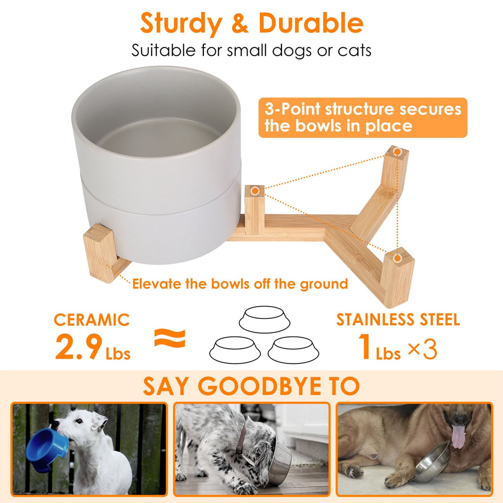 Ceramic Pet Bowls on Wooden Raised Stand