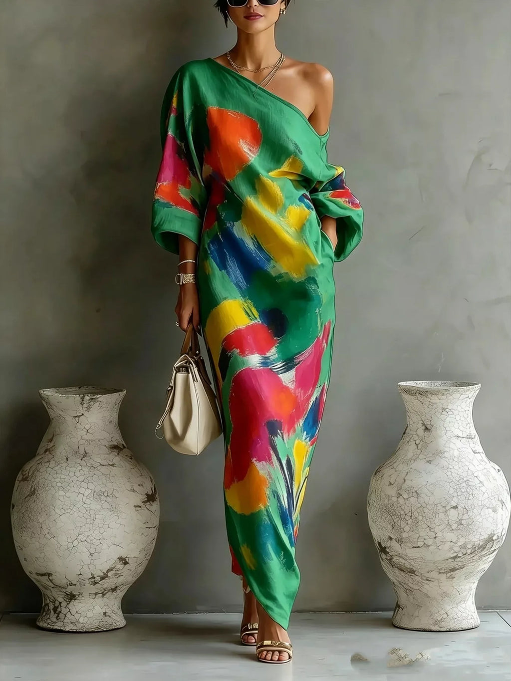 Full Size One-Shoulder Abstract Print Loose Fit Maxi Dress Plus Size