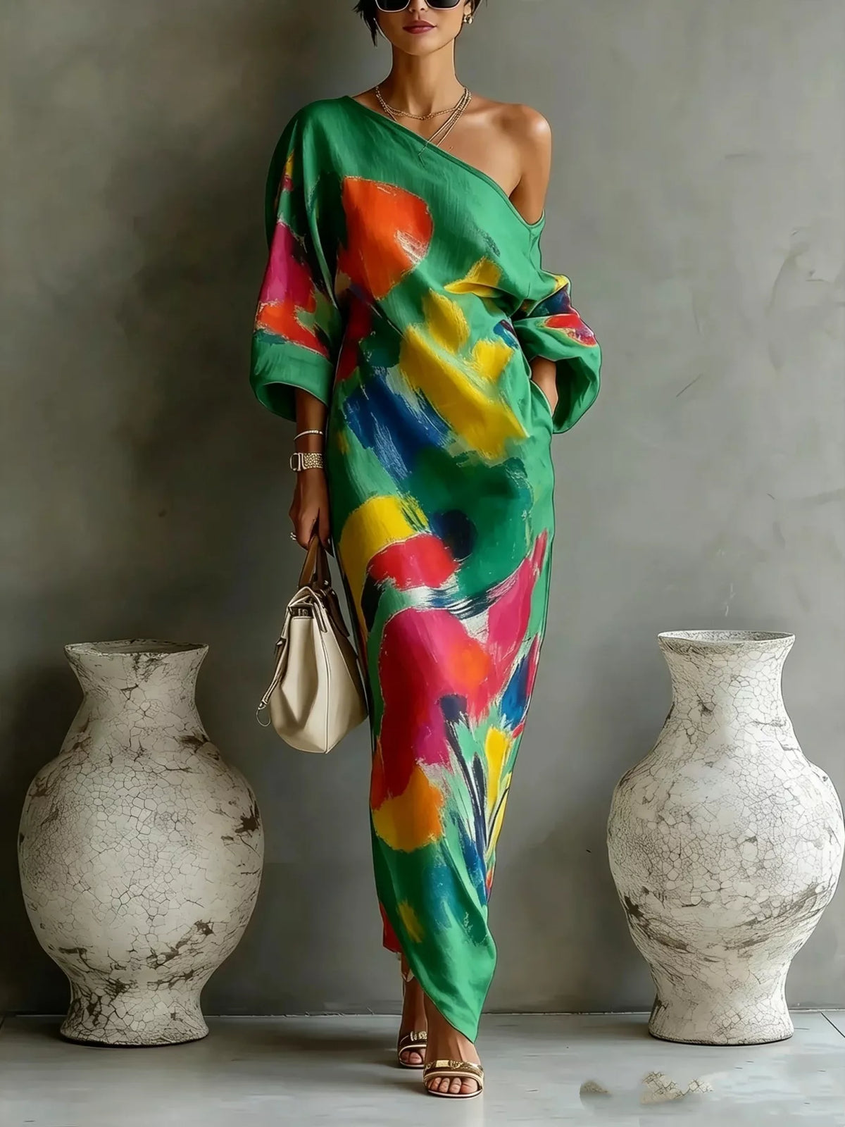 Full Size One-Shoulder Abstract Print Loose Fit Maxi Dress Plus Size