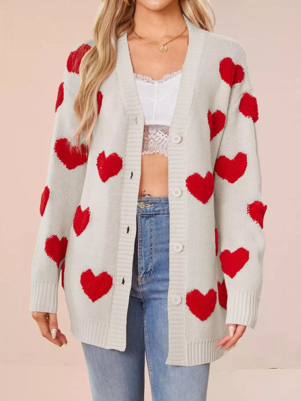 Heart Pattern V-Neck Button-Down Knit Cardigan