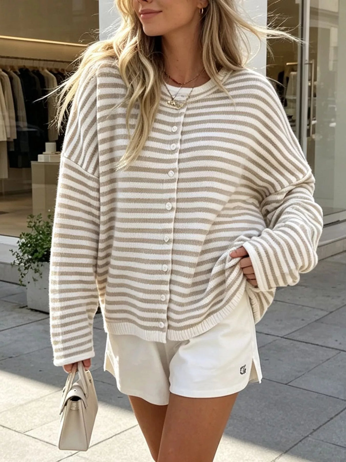 Striped Button-Down Knit Cardigan