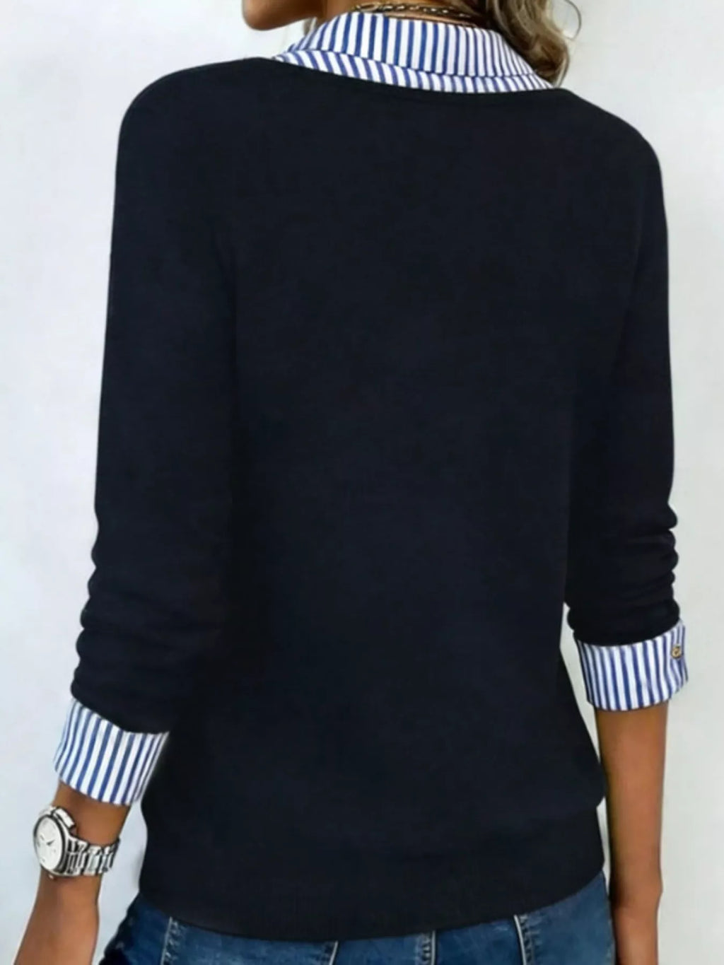 Layered Look Striped Collar Long Sleeve Top