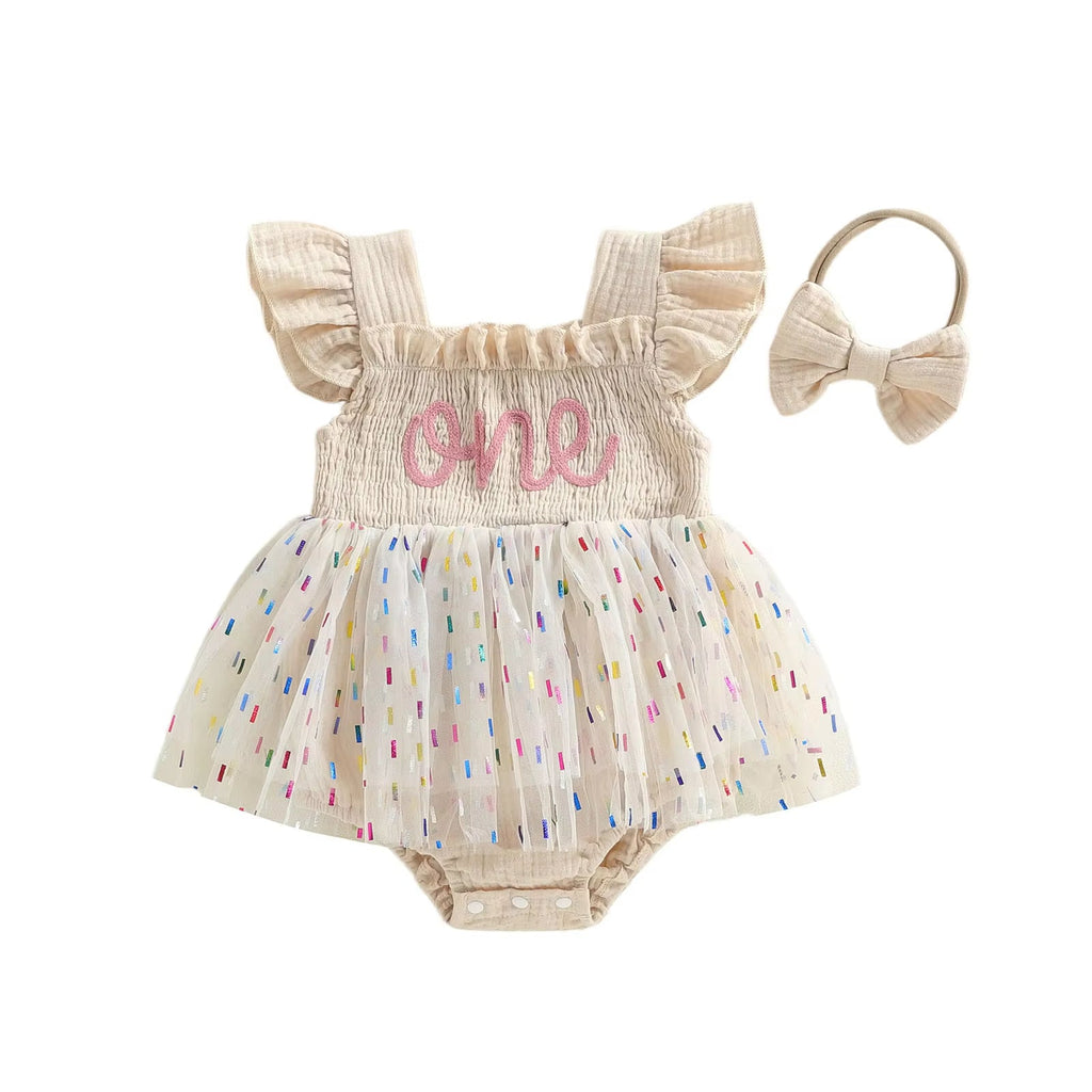 Girls And Infants Mesh Romper With A Tulle Skirt And Bow