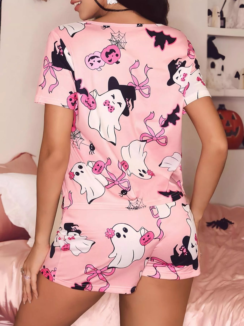 Halloween Print Short Sleeve Top and Shorts Lounge Set