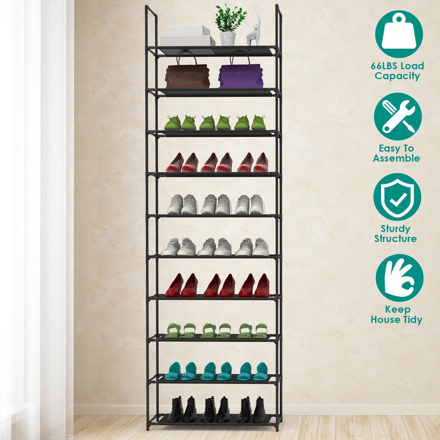 10-Tier Shoe Rack Organizer for Hallways and Closets