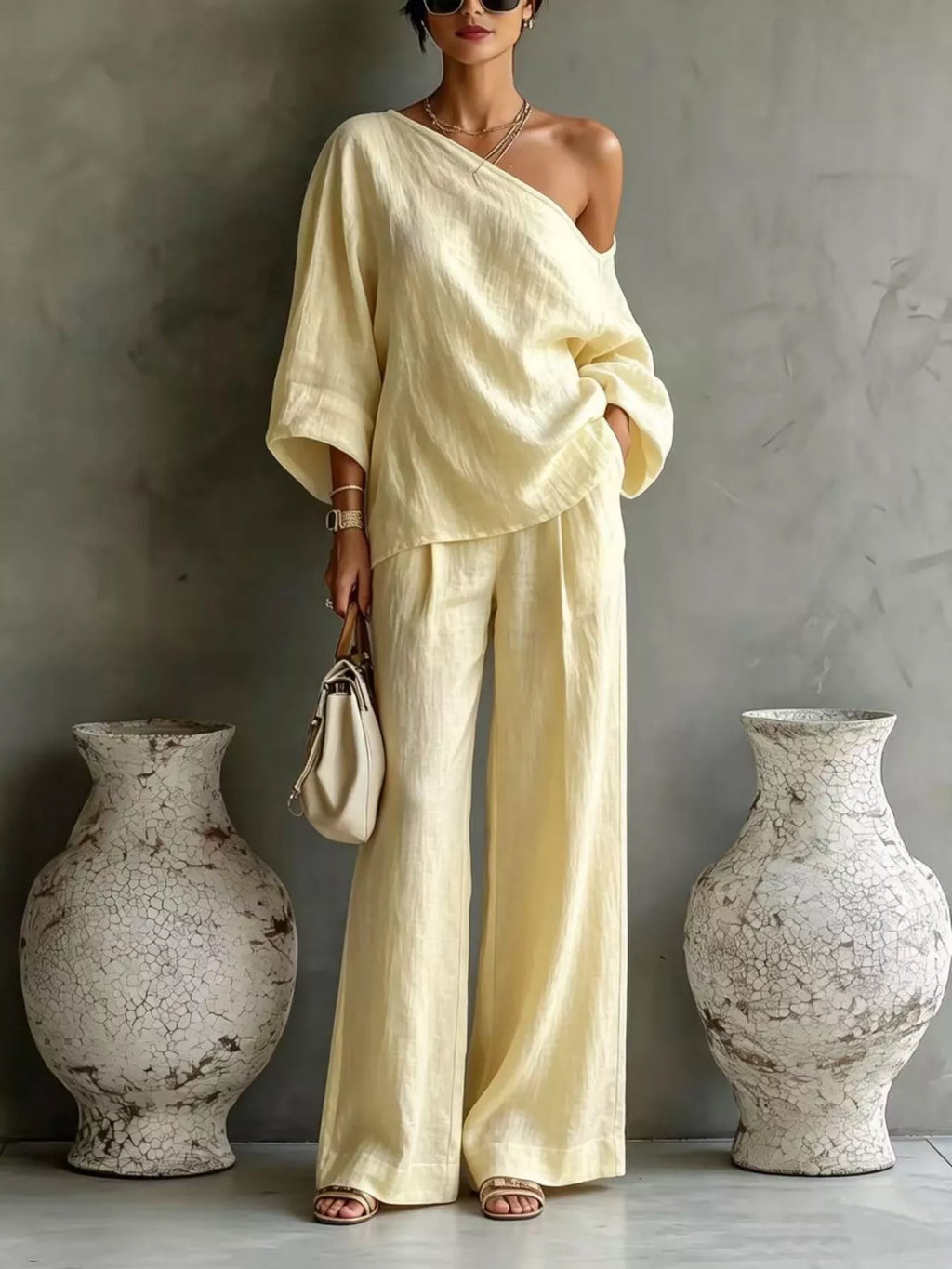 One Shoulder Top and Wide Leg Pants Set