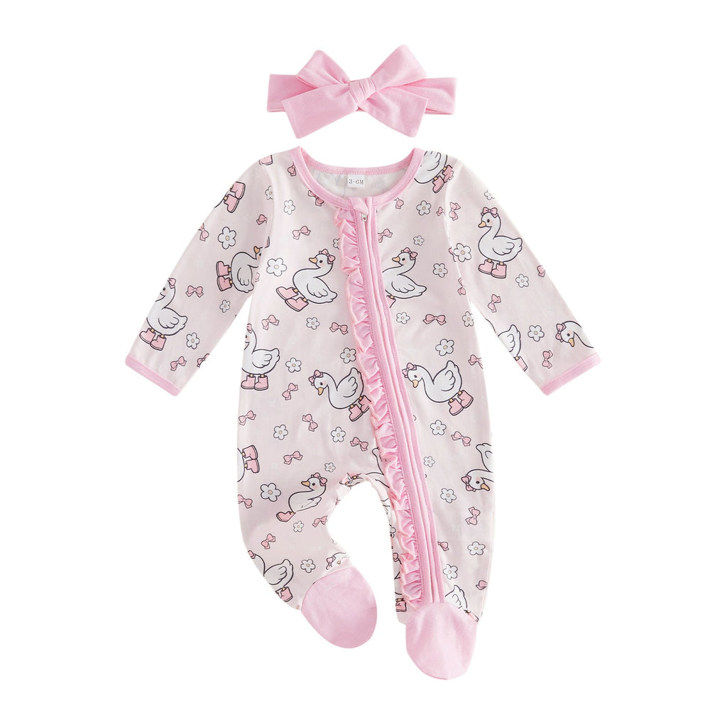 All-over Floral-print Zip-front Footed Romper Thin Style Headband