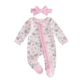 All-over Floral-print Zip-front Footed Romper Thin Style Headband