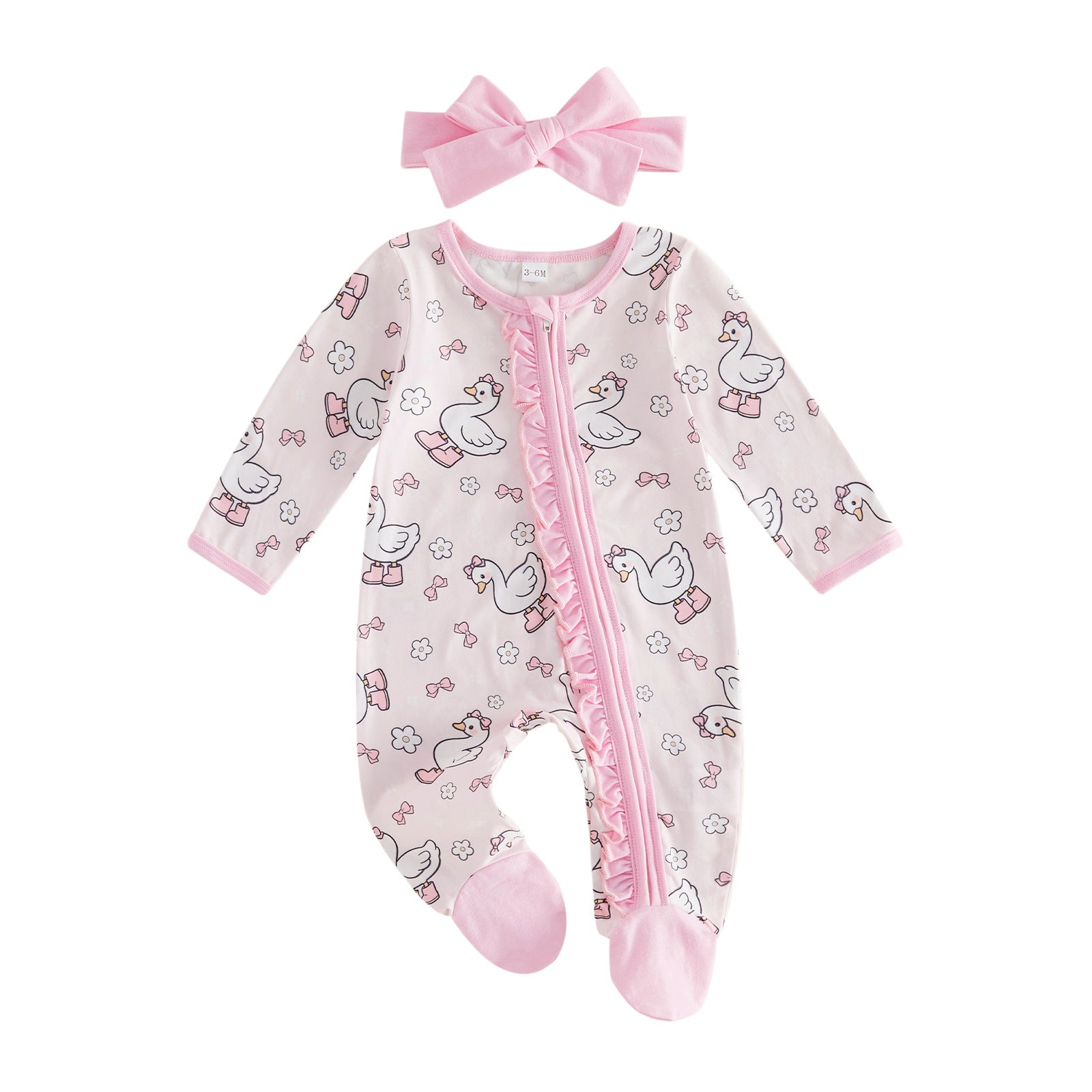 All-over Floral-print Zip-front Footed Romper Thin Style Headband