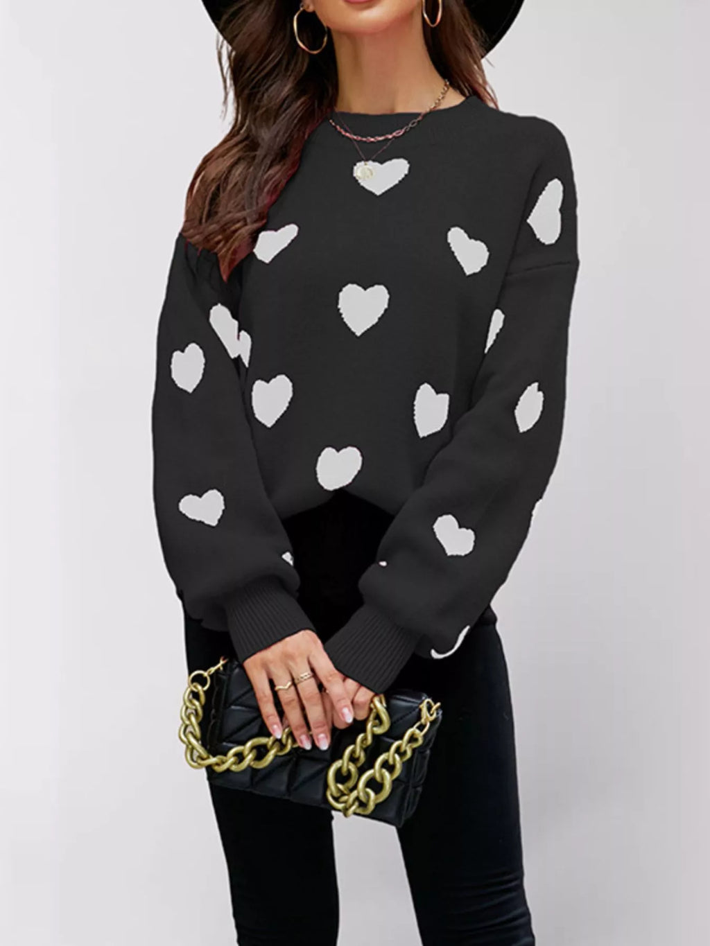 Heart-Patterned Dropped Shoulder Sweater