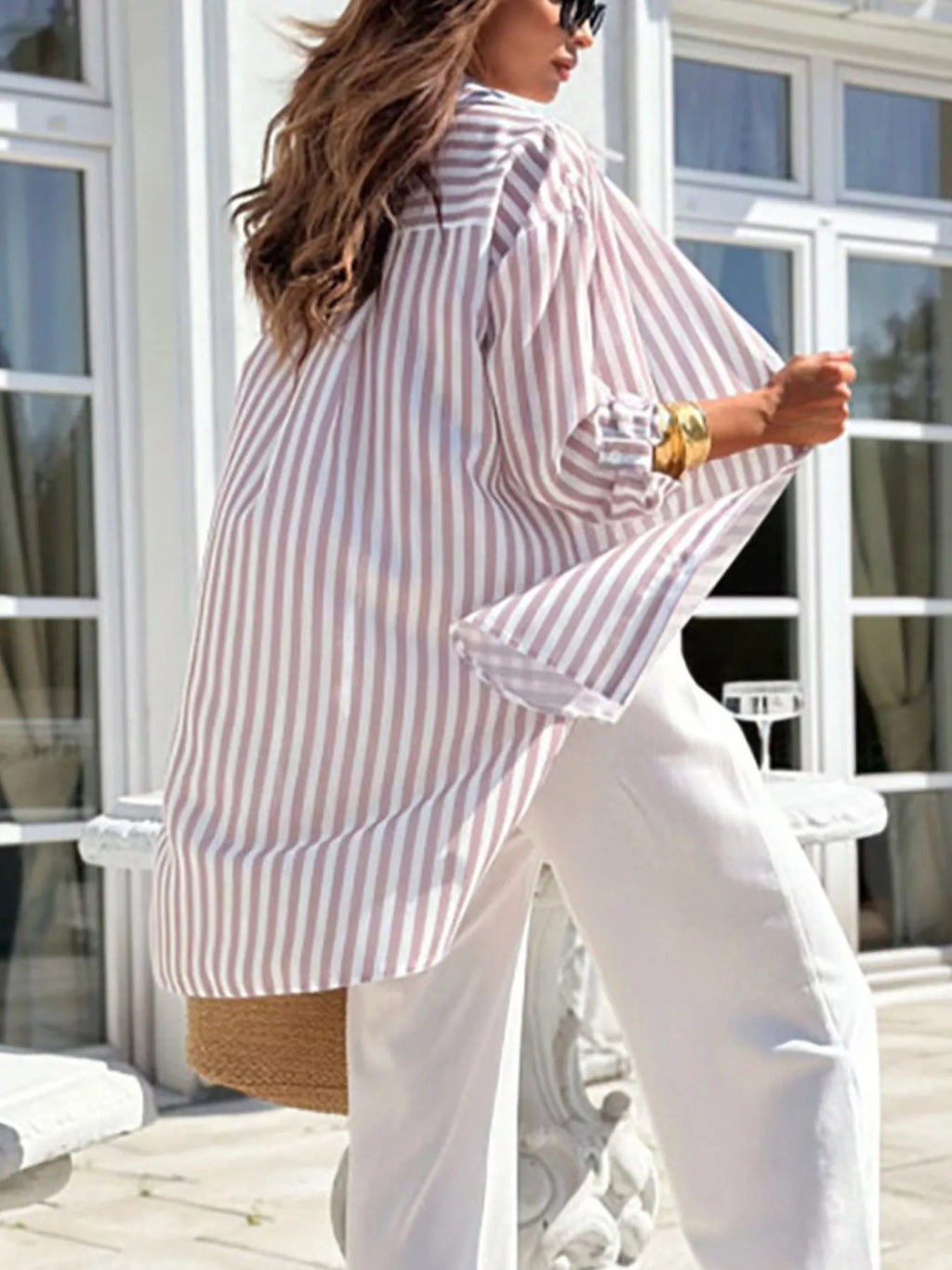 Printed Long Sleeve Tie Waist Oversized Shirt