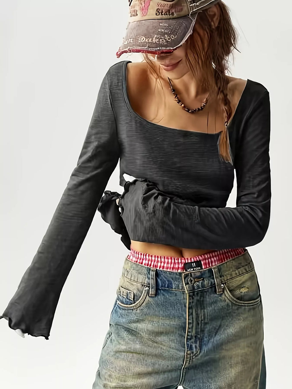 Long Sleeve Square Neck Slim-Fit T-Shirt