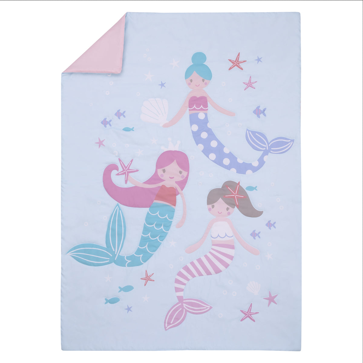 Everything Kids Mermaid Pink and Blue Dream Big Little Mermaid 4 Piece Toddler Bed Set - Comforter, Fitted Bottom Sheet, Flat Top Sheet, and Reversible Pillowcase