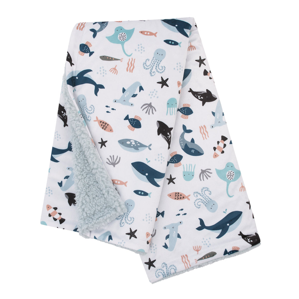 Explore Dream Discover Light Blue, Navy, Gray and Coral Super Soft Sherpa Baby Blanket