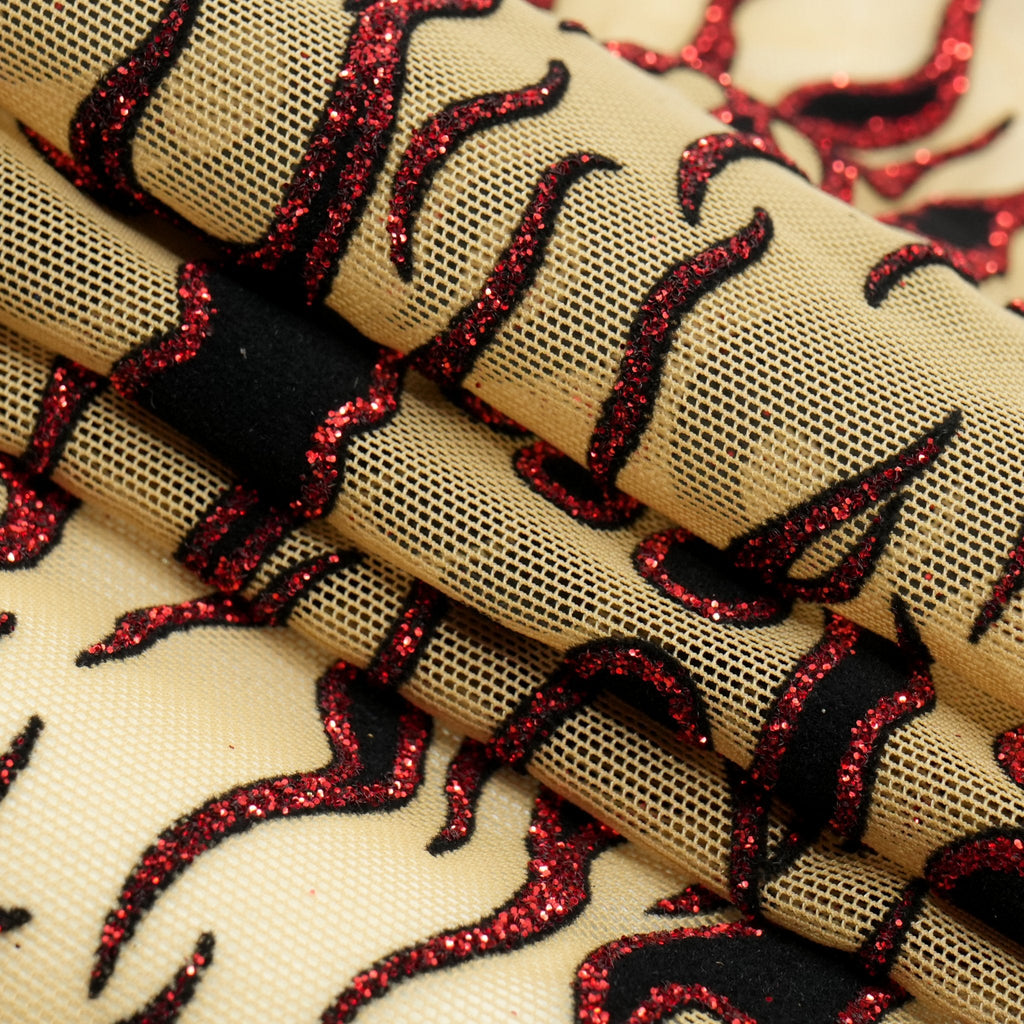 Fiery Glittered Flocked Stretch Mesh Fabric | Blue Moon Fabrics