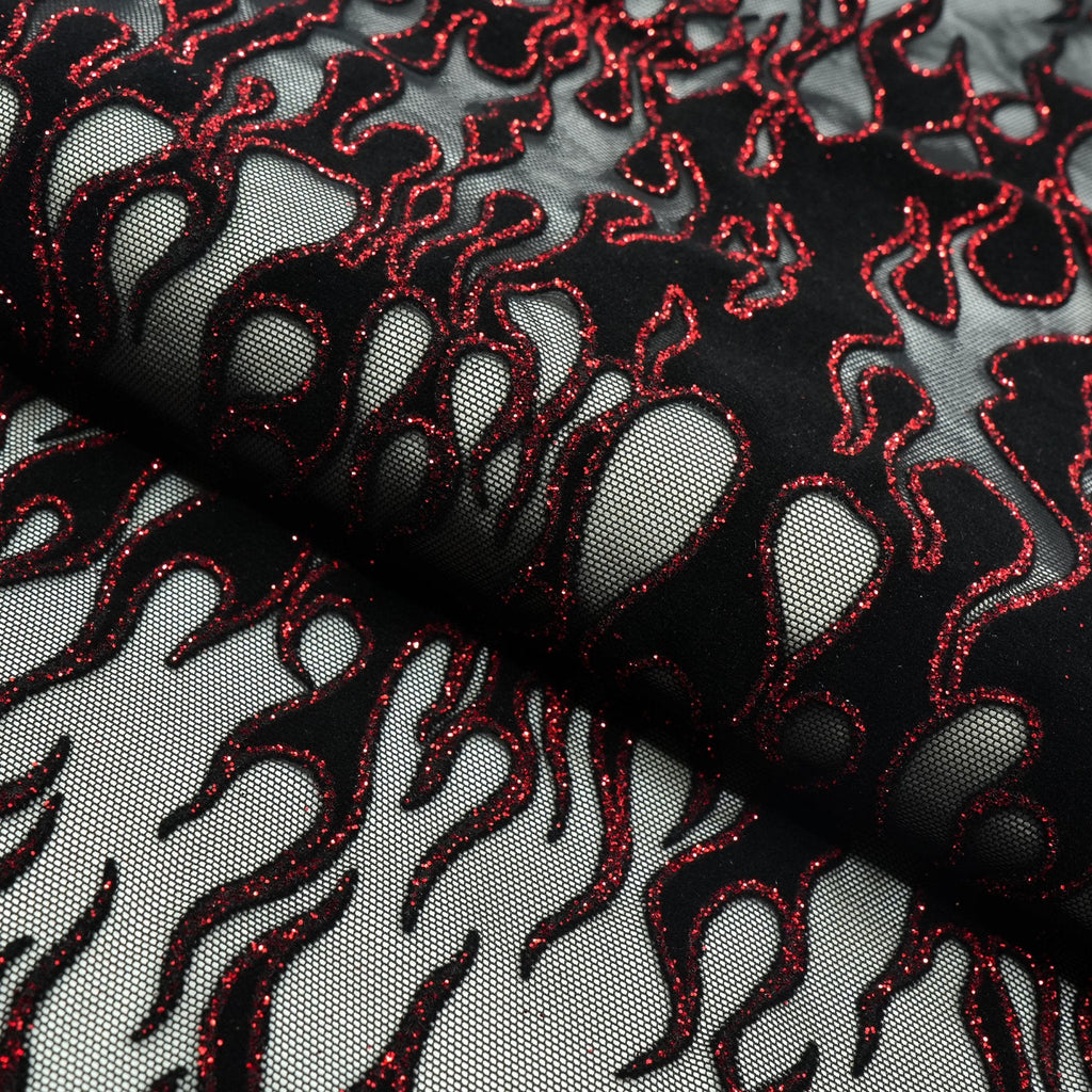 Fiery Glittered Flocked Stretch Mesh Fabric | Blue Moon Fabrics
