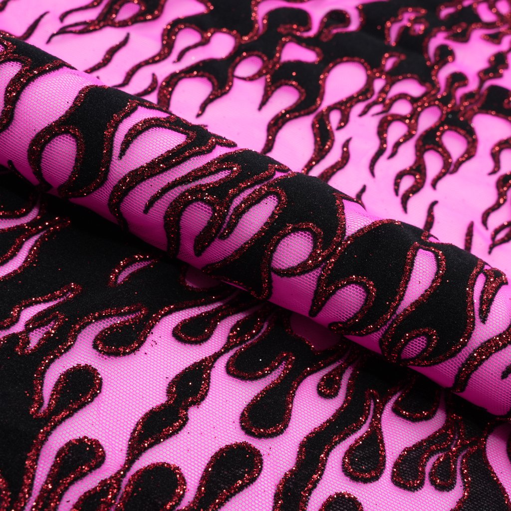 Fiery Glittered Flocked Stretch Mesh Fabric | Blue Moon Fabrics