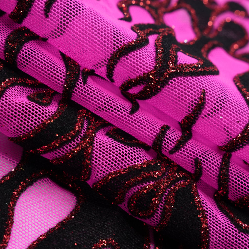 Fiery Glittered Flocked Stretch Mesh Fabric | Blue Moon Fabrics