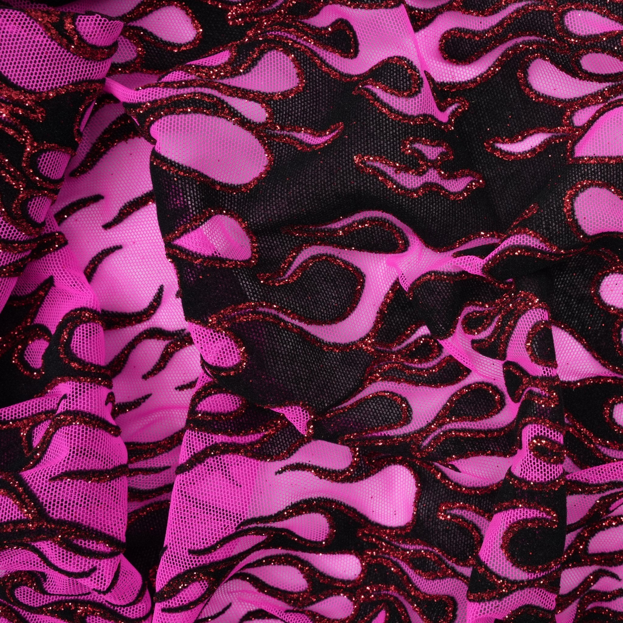 Fiery Glittered Flocked Stretch Mesh Fabric | Blue Moon Fabrics