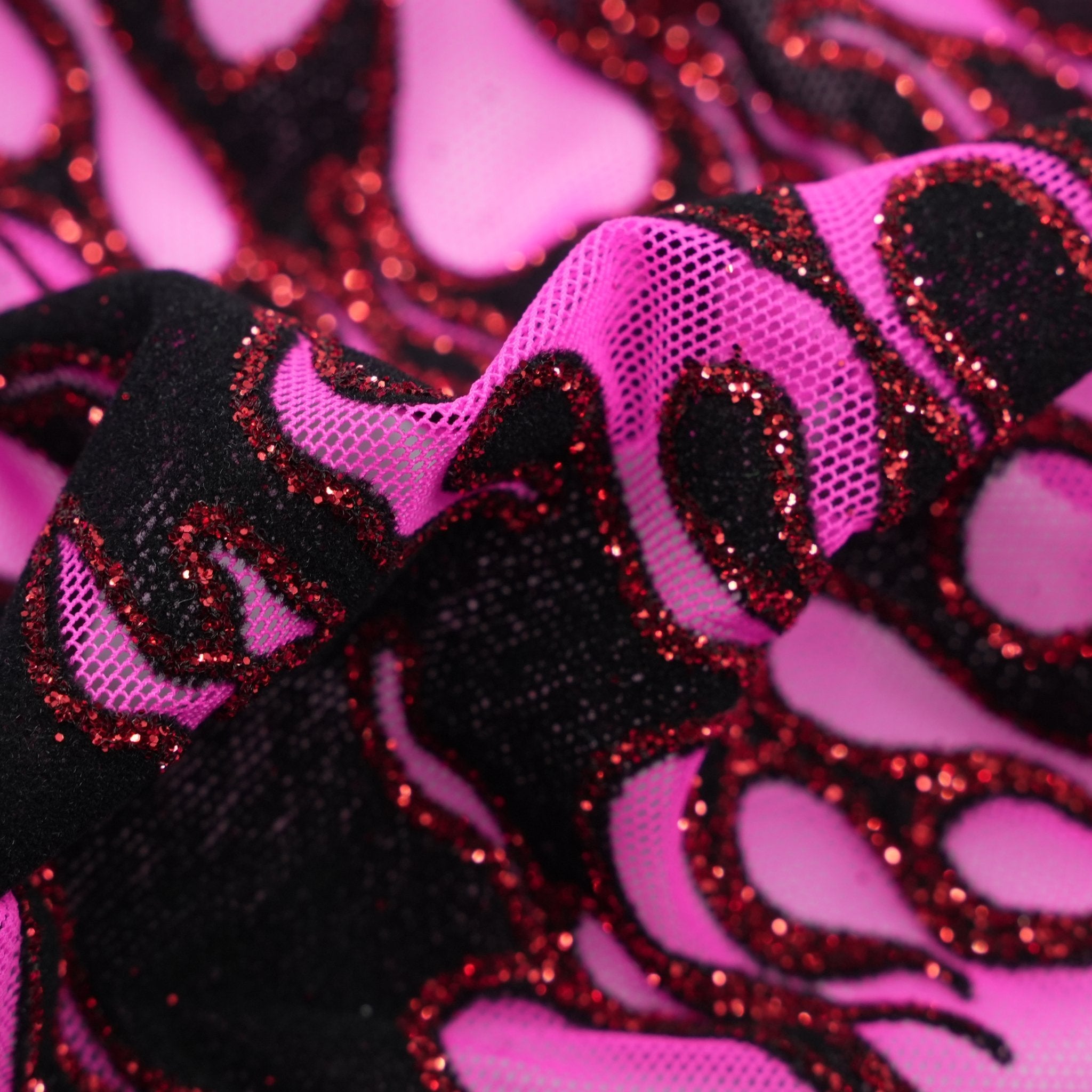 Fiery Glittered Flocked Stretch Mesh Fabric | Blue Moon Fabrics