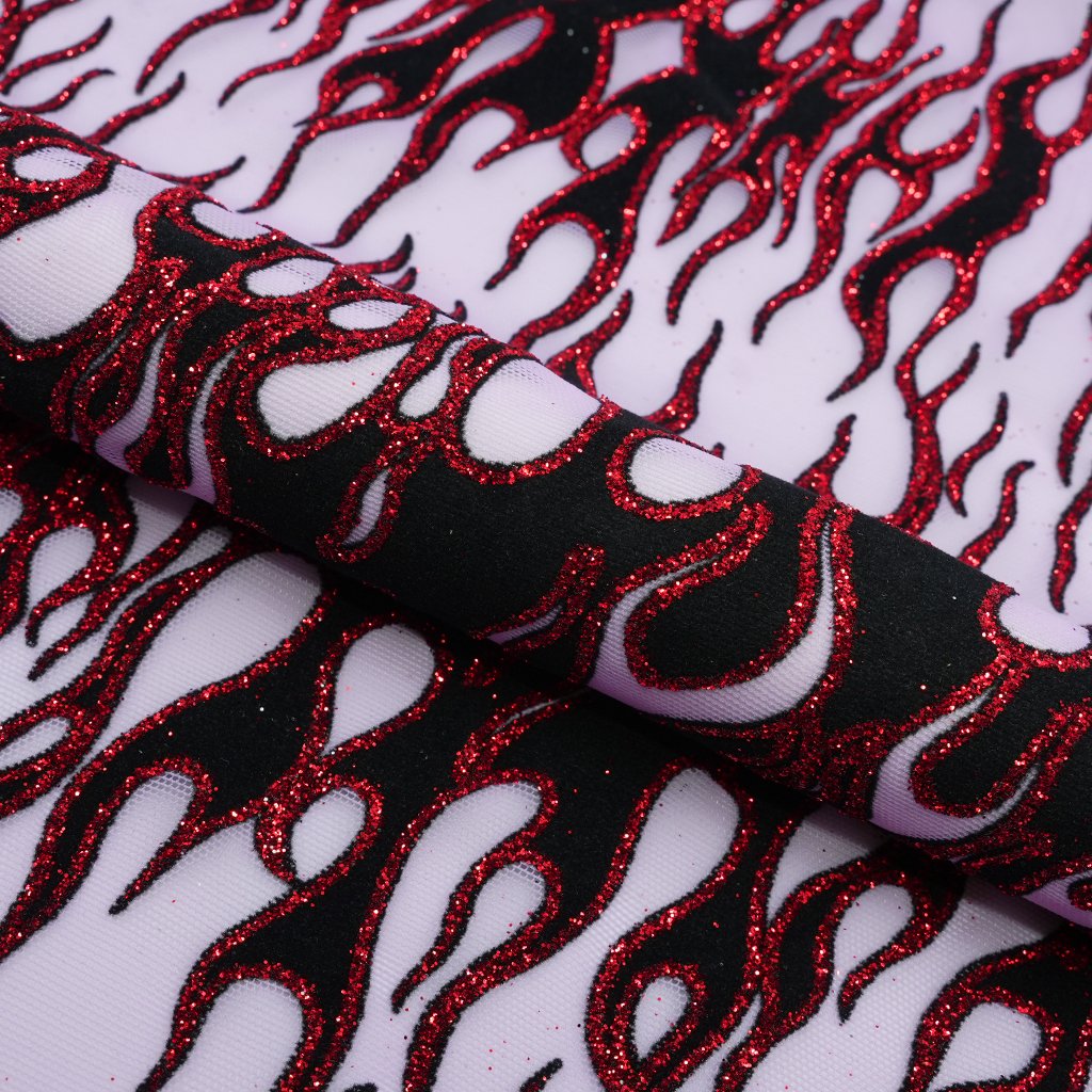 Fiery Glittered Flocked Stretch Mesh Fabric | Blue Moon Fabrics