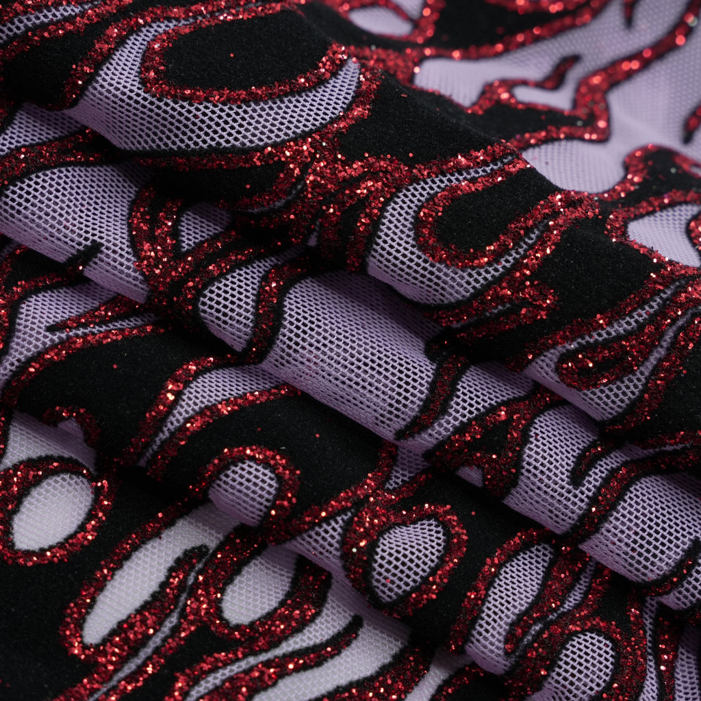 Fiery Glittered Flocked Stretch Mesh Fabric | Blue Moon Fabrics