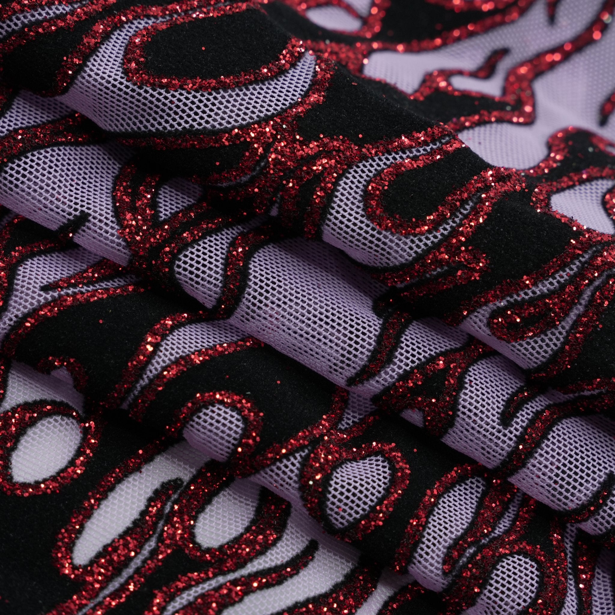 Fiery Glittered Flocked Stretch Mesh Fabric | Blue Moon Fabrics