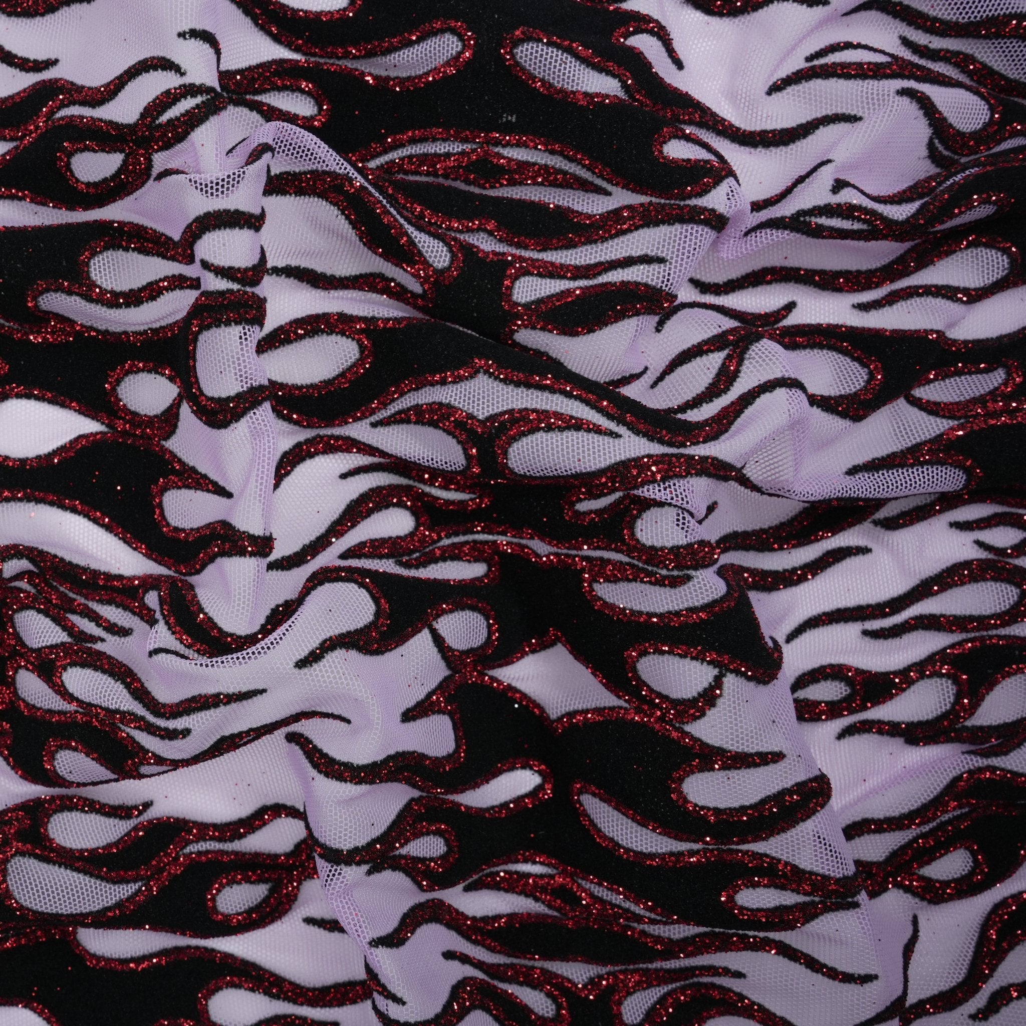 Fiery Glittered Flocked Stretch Mesh Fabric | Blue Moon Fabrics