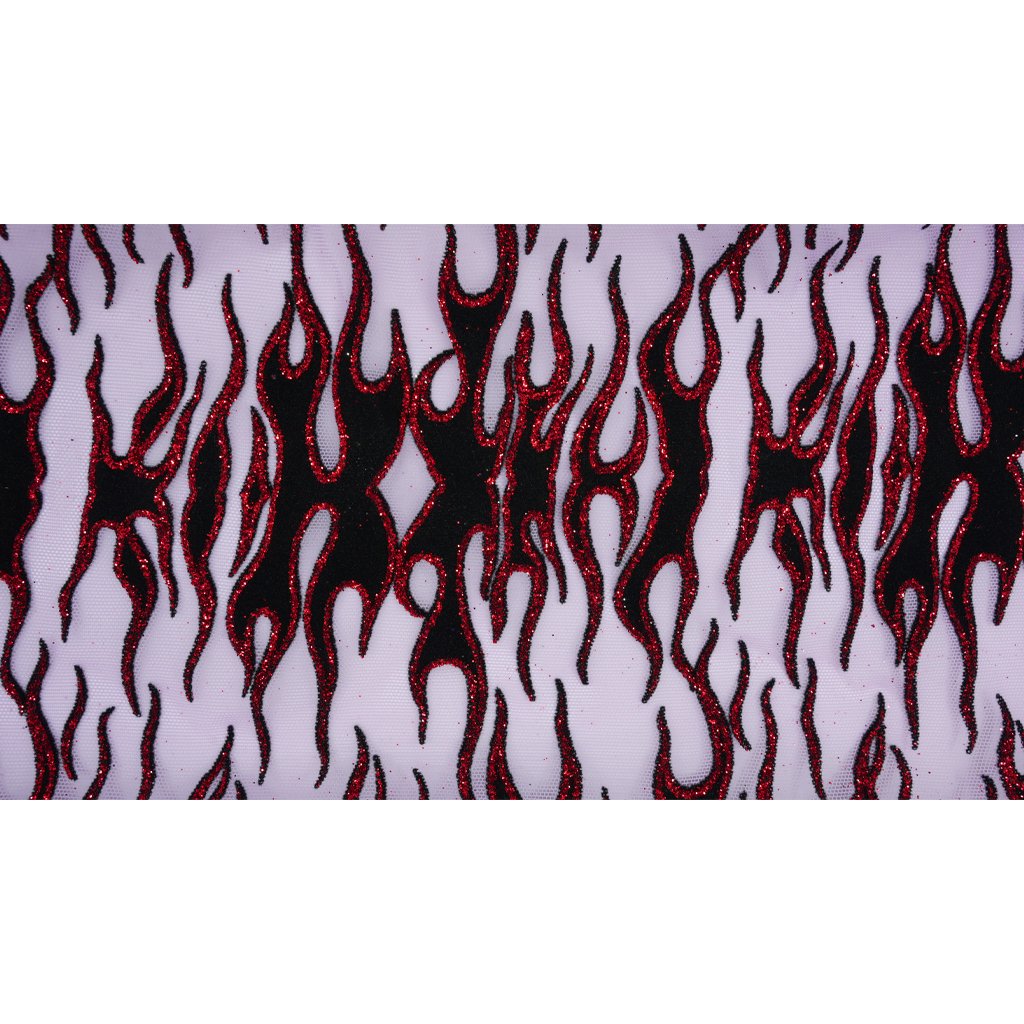 Fiery Glittered Flocked Stretch Mesh Fabric | Blue Moon Fabrics