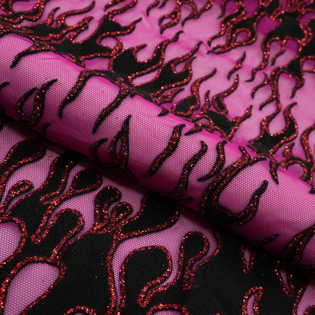 Fiery Glittered Flocked Stretch Mesh Fabric | Blue Moon Fabrics
