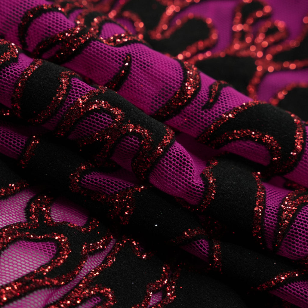 Fiery Glittered Flocked Stretch Mesh Fabric | Blue Moon Fabrics