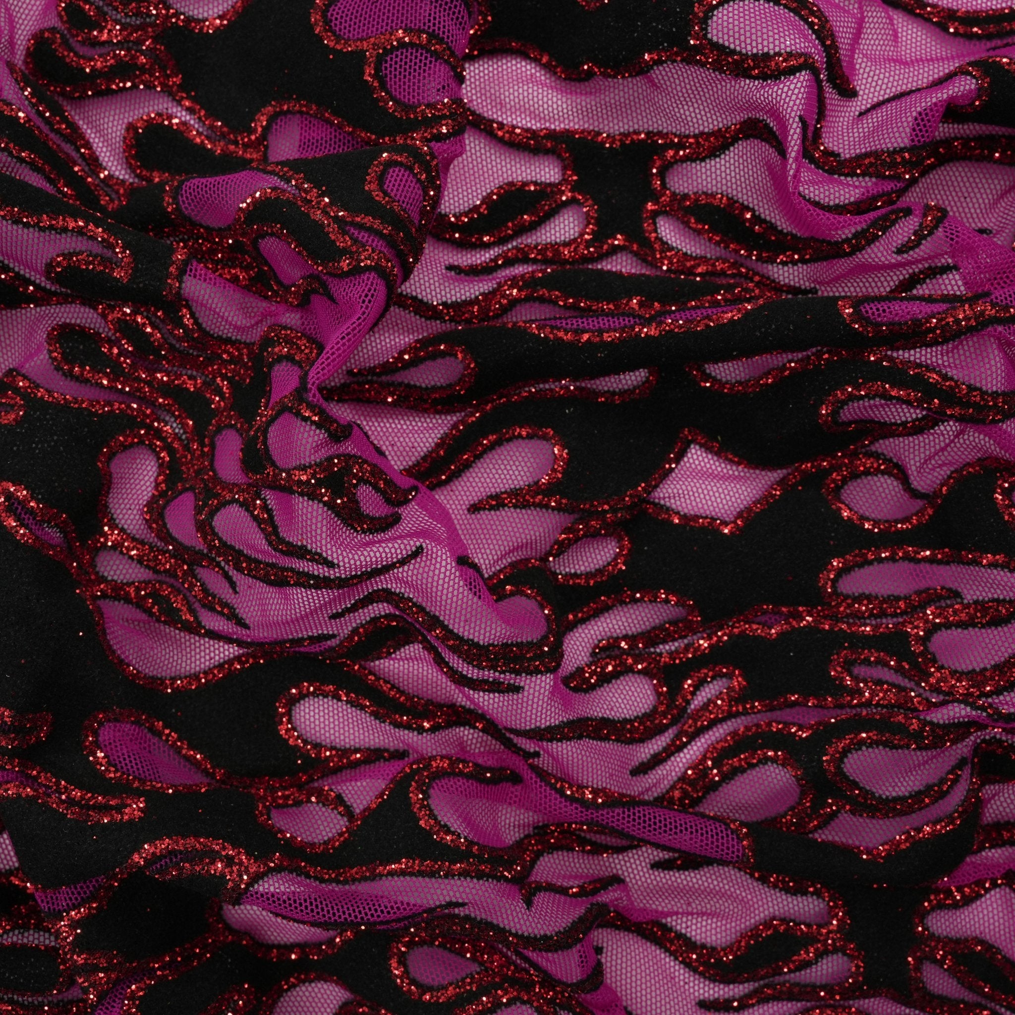 Fiery Glittered Flocked Stretch Mesh Fabric | Blue Moon Fabrics