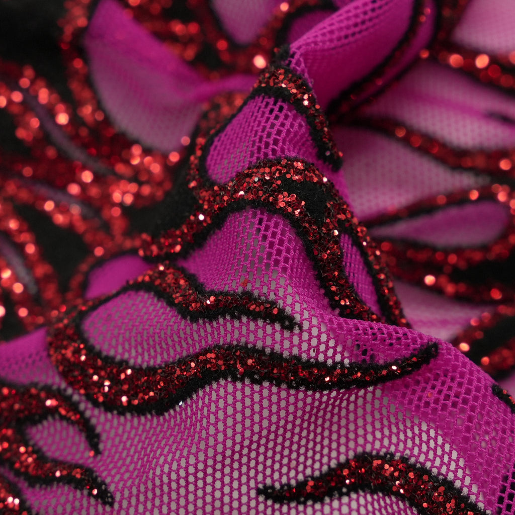 Fiery Glittered Flocked Stretch Mesh Fabric | Blue Moon Fabrics