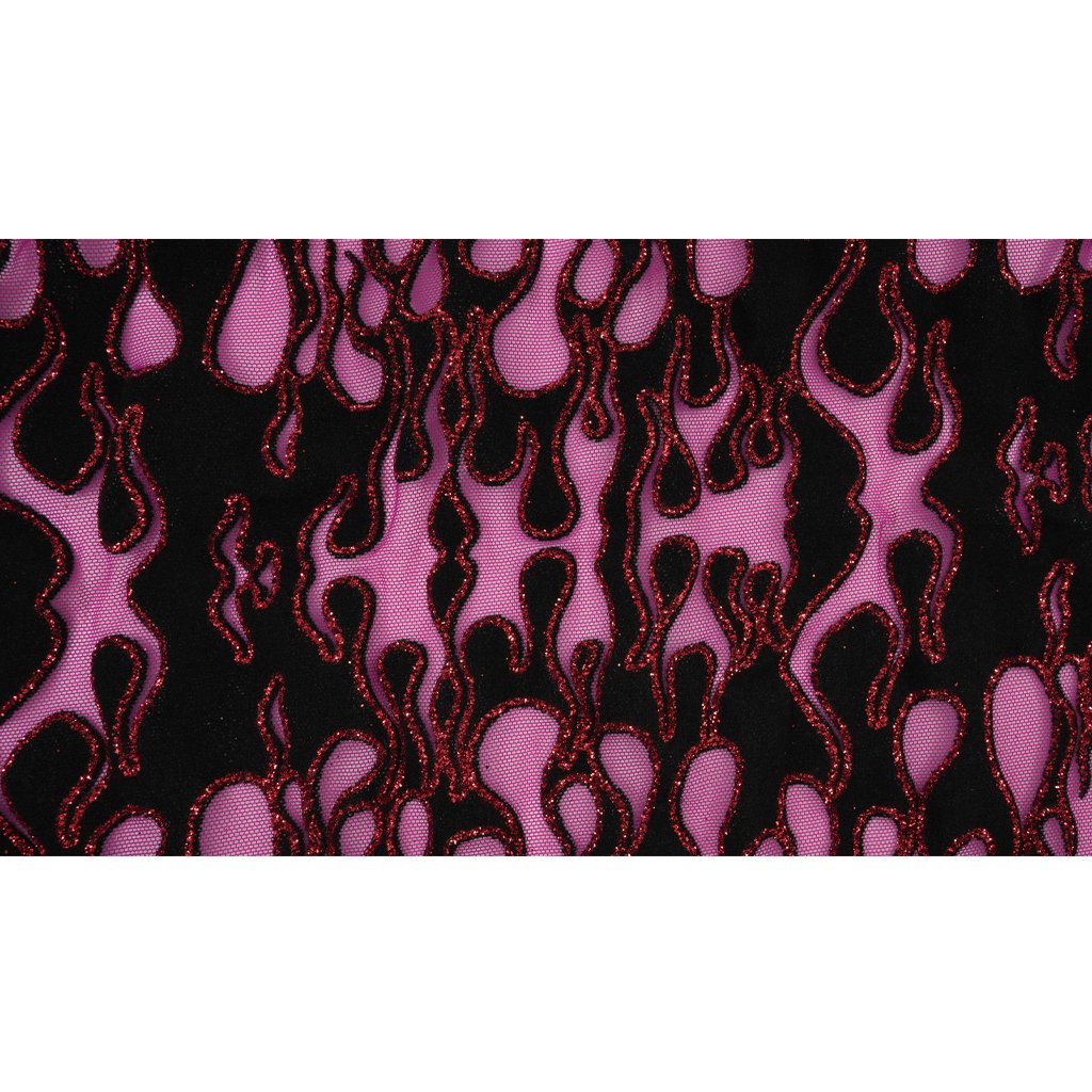 Fiery Glittered Flocked Stretch Mesh Fabric | Blue Moon Fabrics