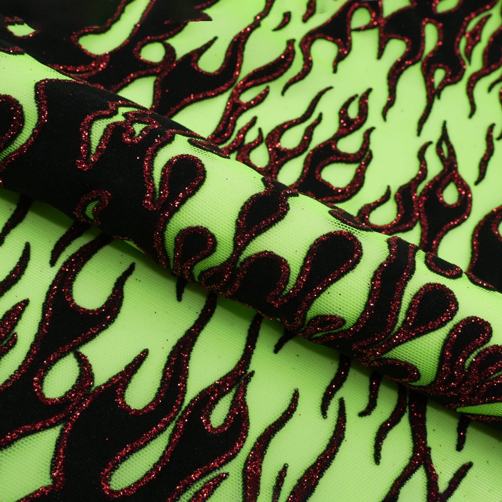 Fiery Glittered Flocked Stretch Mesh Fabric | Blue Moon Fabrics